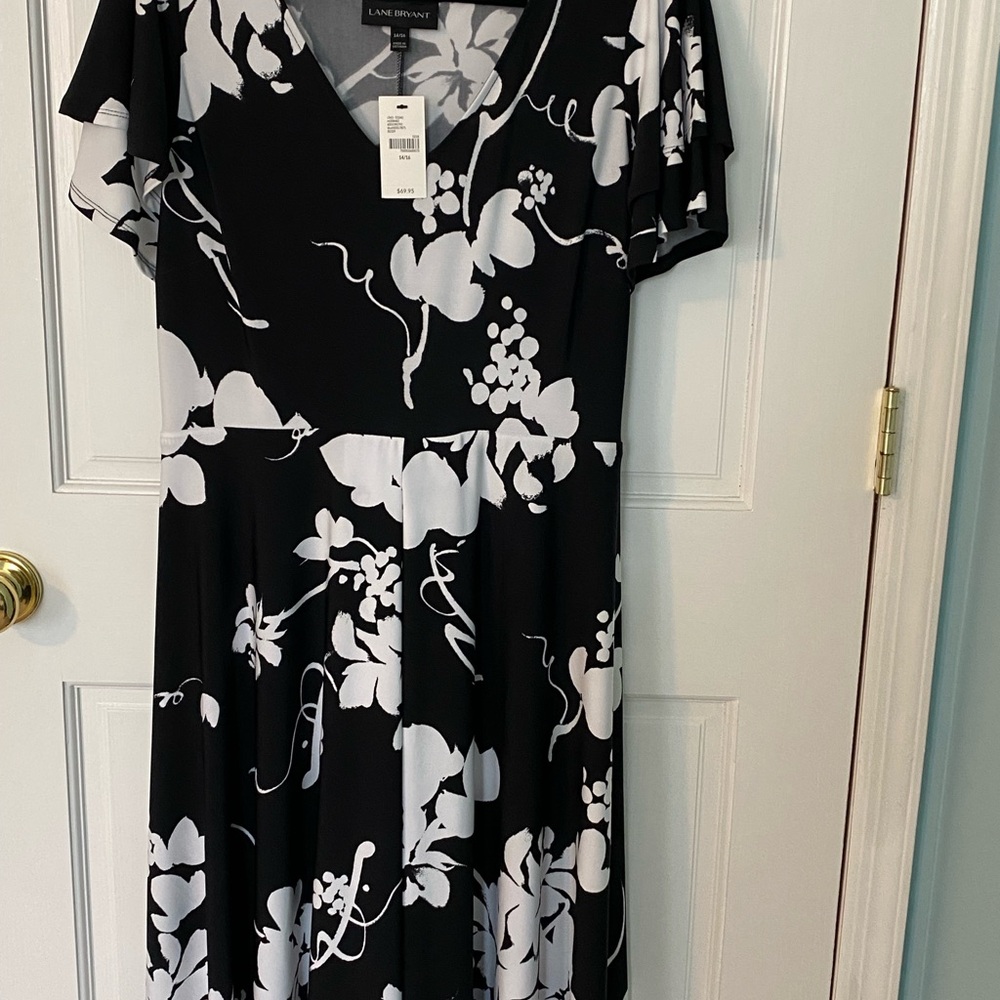 Lane Bryant Black and White Midi Dress with Flutter Sleeves and V-Neck